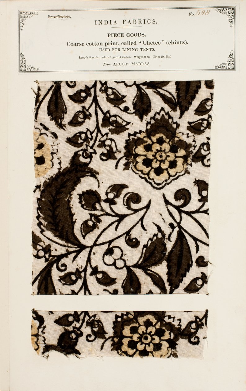 Grof katoenmonster met chetee (chintz) patroon uit Arcot in Madras, uit De Collectie van de Textielfabrikanten van India, door John Forbes Watson, gepubliceerd in 1866 door Indian School