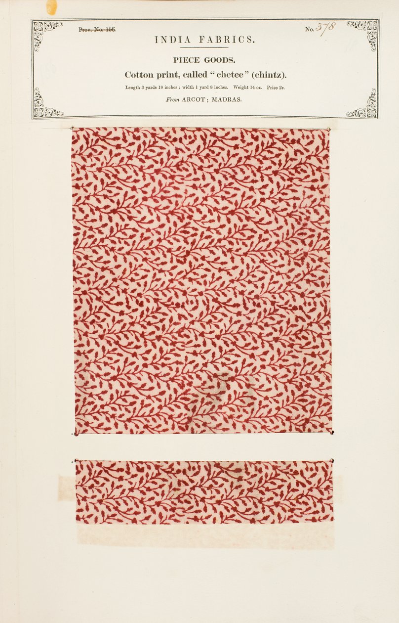 Katoenmonster met chetee (chintz) print uit Arcot in Madras, uit De Collectie van de Textielfabrikanten van India, door John Forbes Watson, gepubliceerd in 1866 door Indian School