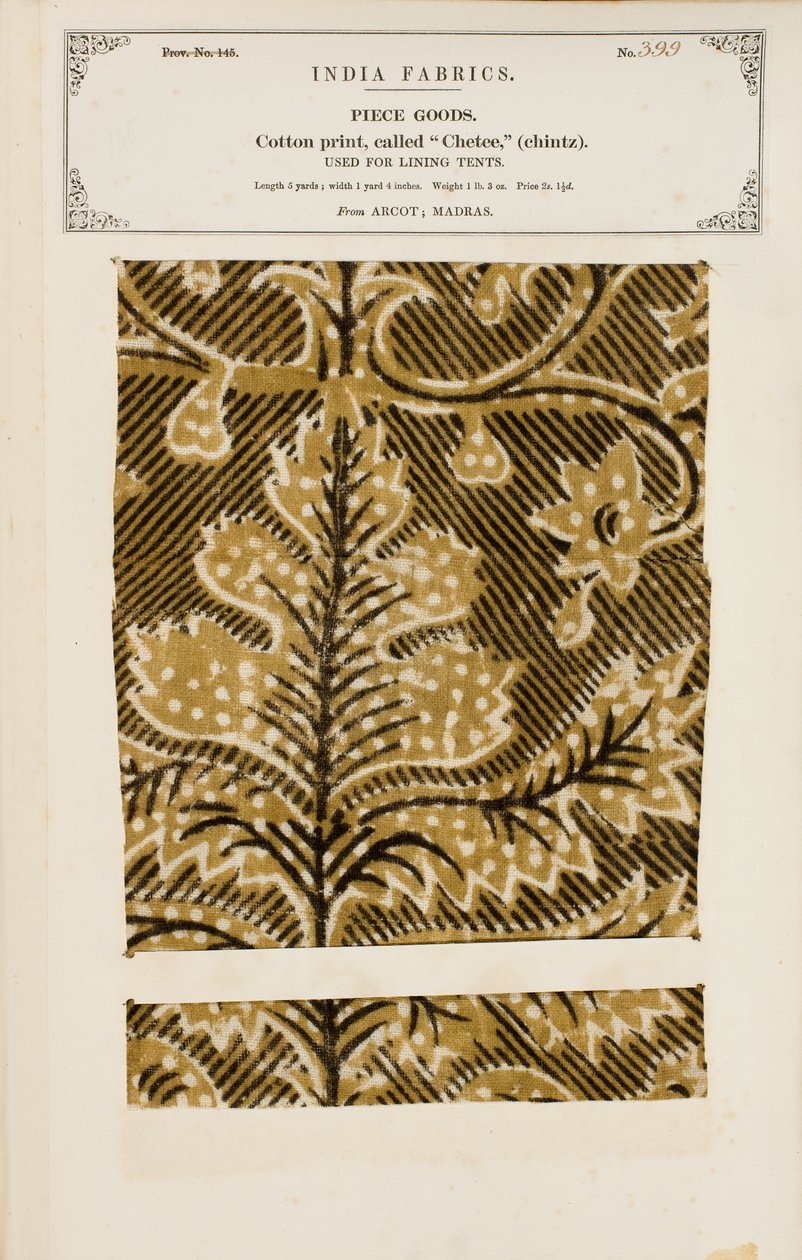 Katoenmonster met chetee (chintz) print uit Arcot in Madras, uit De Collectie van de Textielfabrikanten van India, door John Forbes Watson, gepubliceerd in 1866 door Indian School