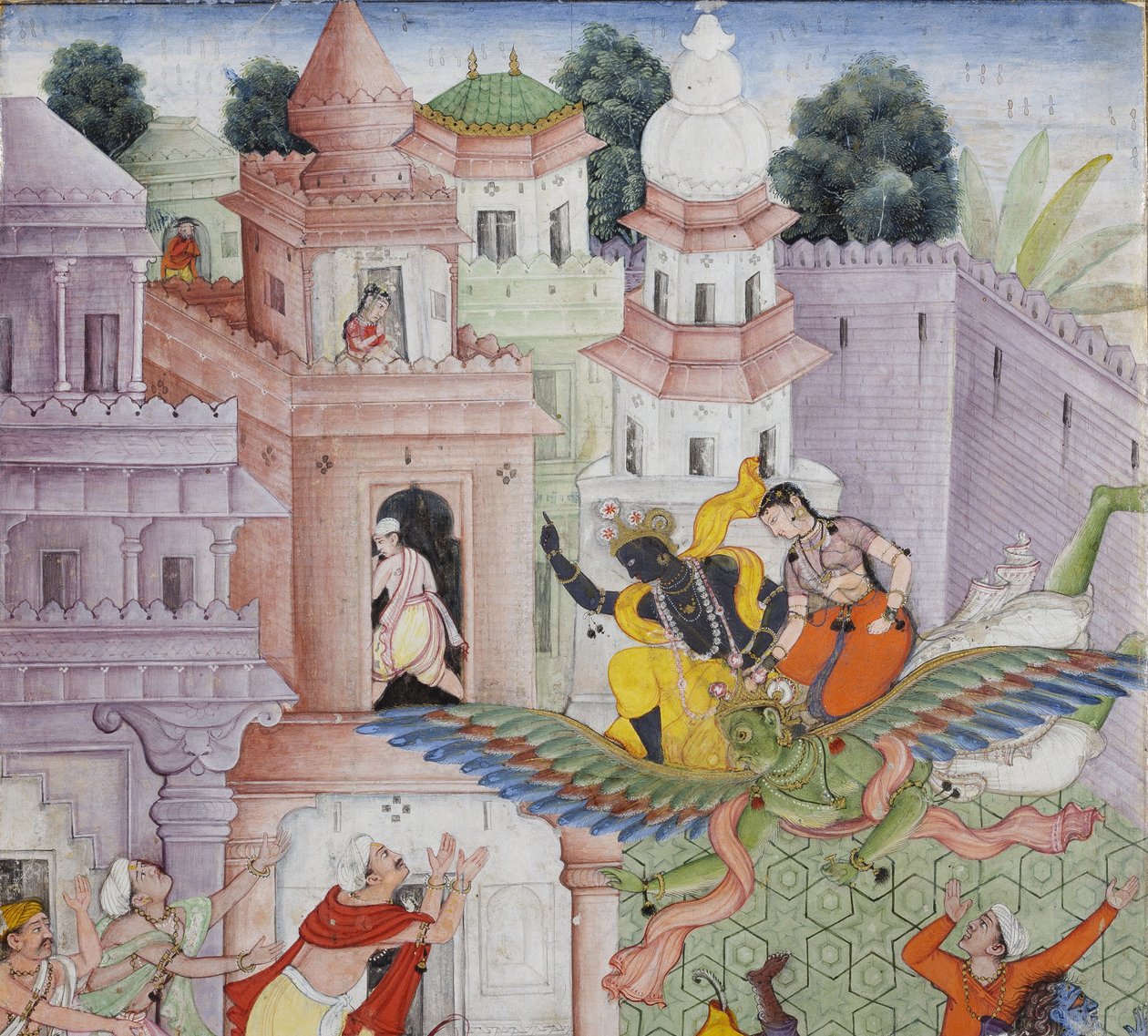 (detail) Krishna splijt de demon Narakasura met zijn discus, c.1585-90 door Indian School