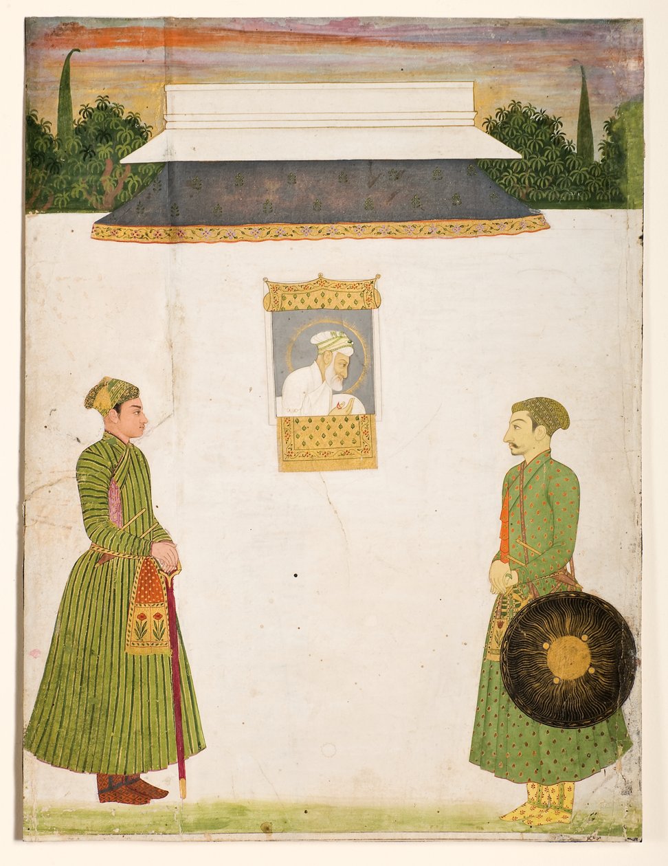 Keizer Aurangzeb bij een jharokha-raam, twee edelen op de voorgrond, c.1710 door Indian School