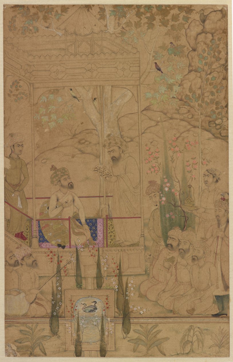 Keizer Babur met Begeleiders in een Tuin, ca. 1590 door Indian School