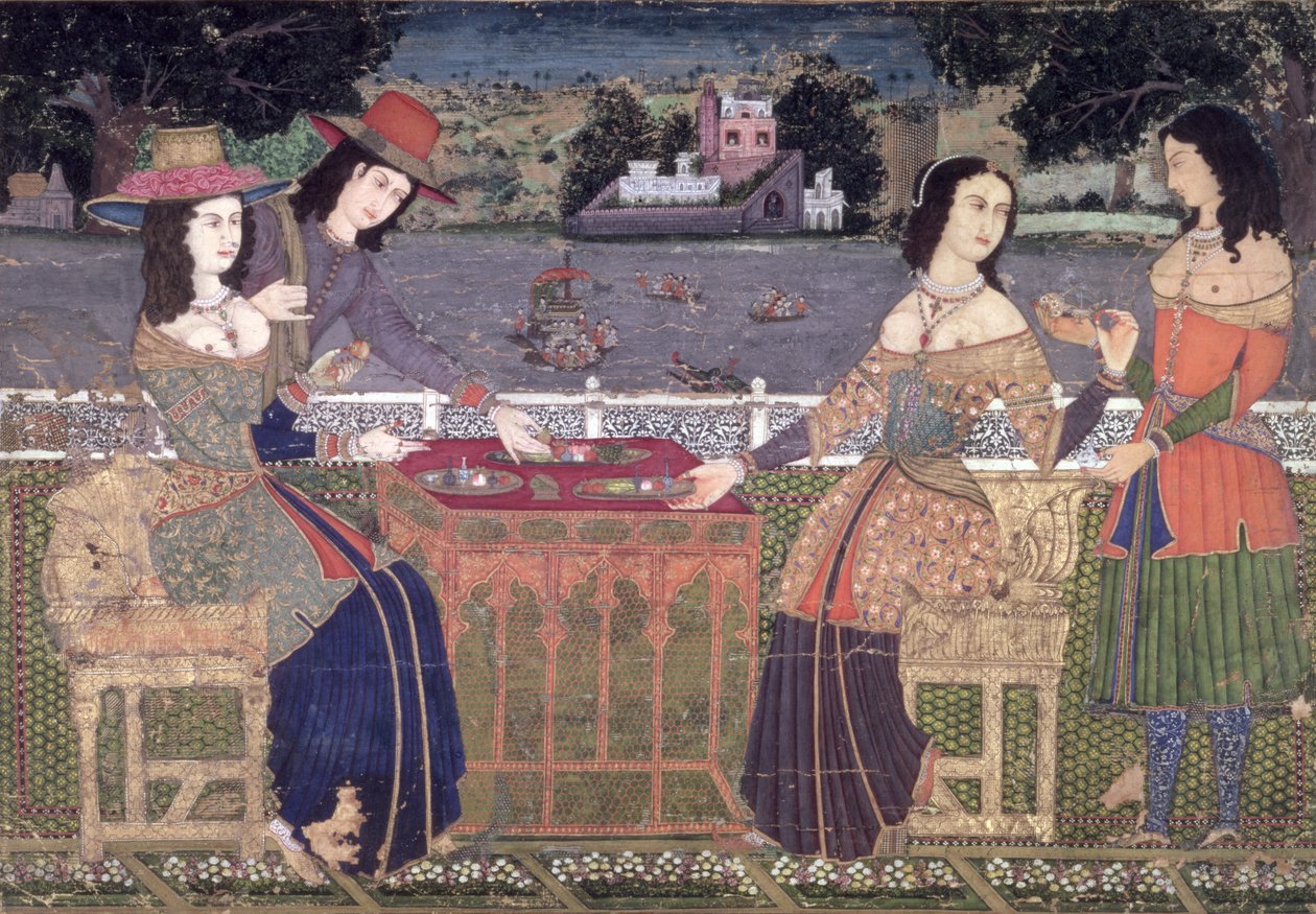Europeanen die zich verfrissen op een balkon, Mughal, mogelijk Deccan door Indian School