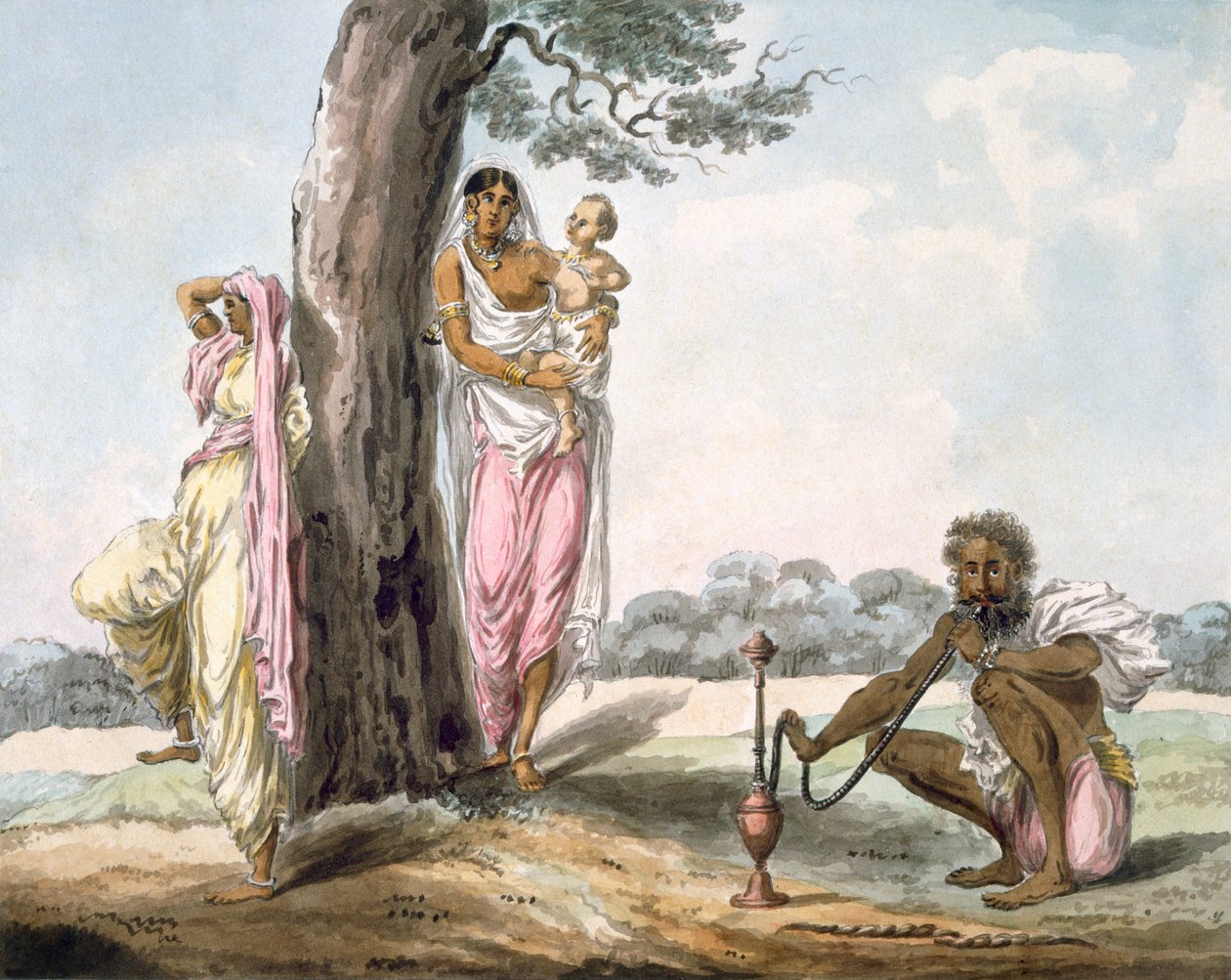 Familie: Man rookt een waterpijp en meisje doet Yoga, c.1850 door Indian School