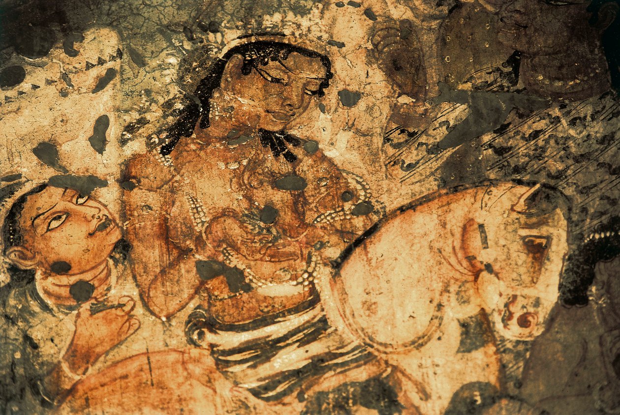 Figuur van een vrouw op de rug van een paard, muurschildering in de Ajanta-grotten (nummer 1), Gupta-periode, 5e-6e eeuw (schilderij) door Indian School