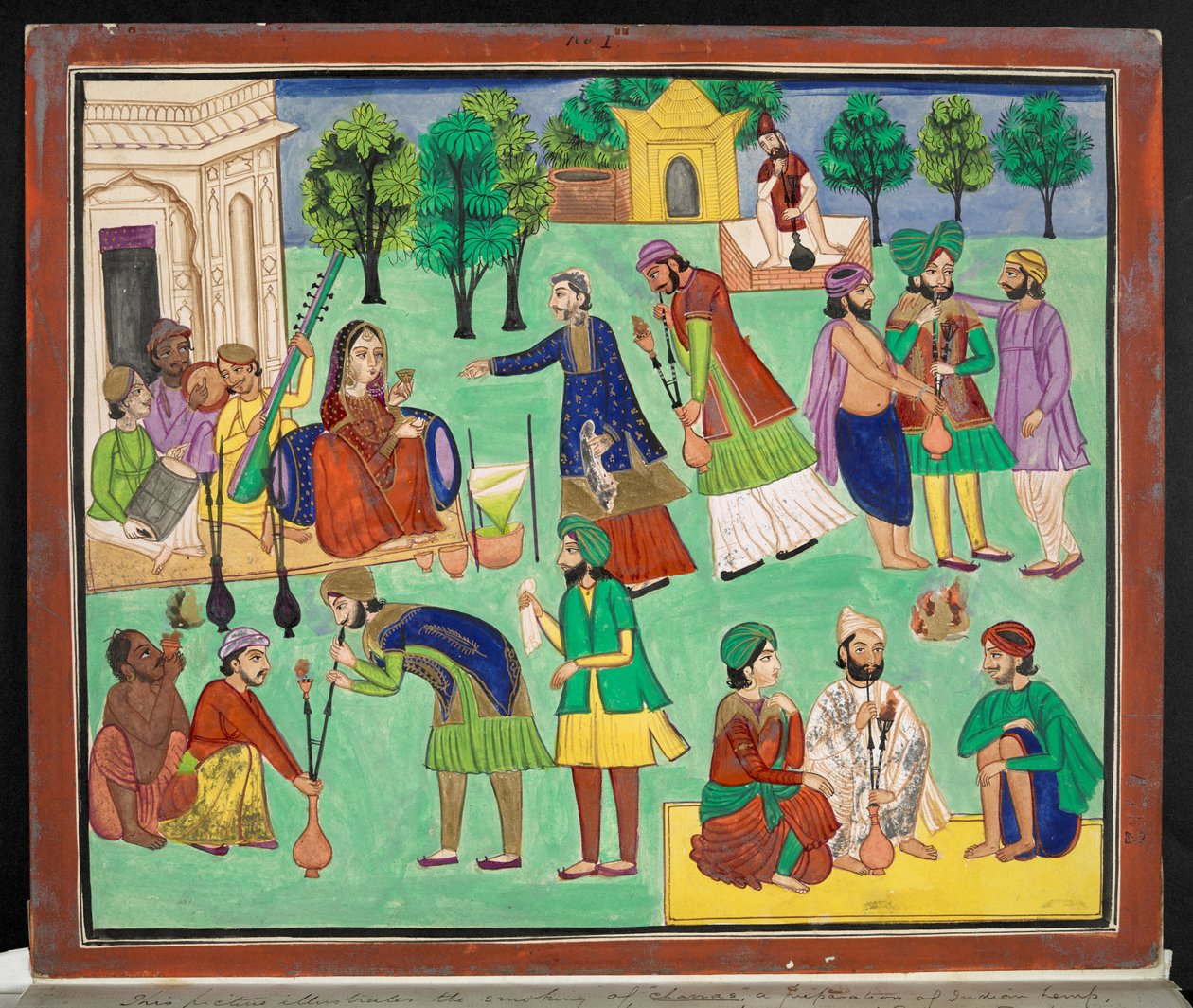 Gouache door een Amritsar-kunstenaar die het roken van Charras, een soort Indiase hennep geïmporteerd in Noord-India uit Oost-Turkestan, ca. 1870 door Indian School