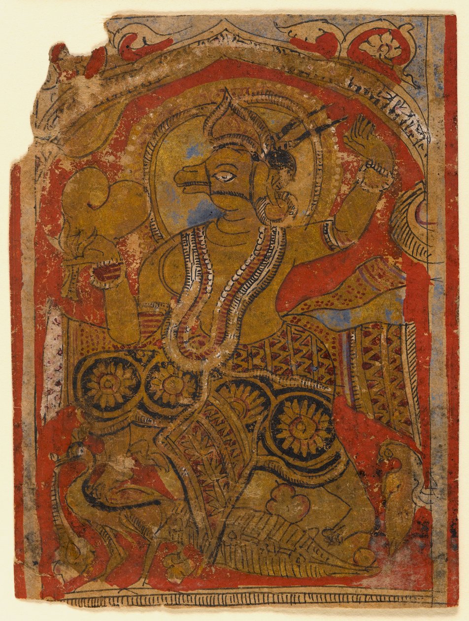 Harinegameshin draagt het embryo, fragment van een blad uit een verspreide Kalpasutra door Indian School