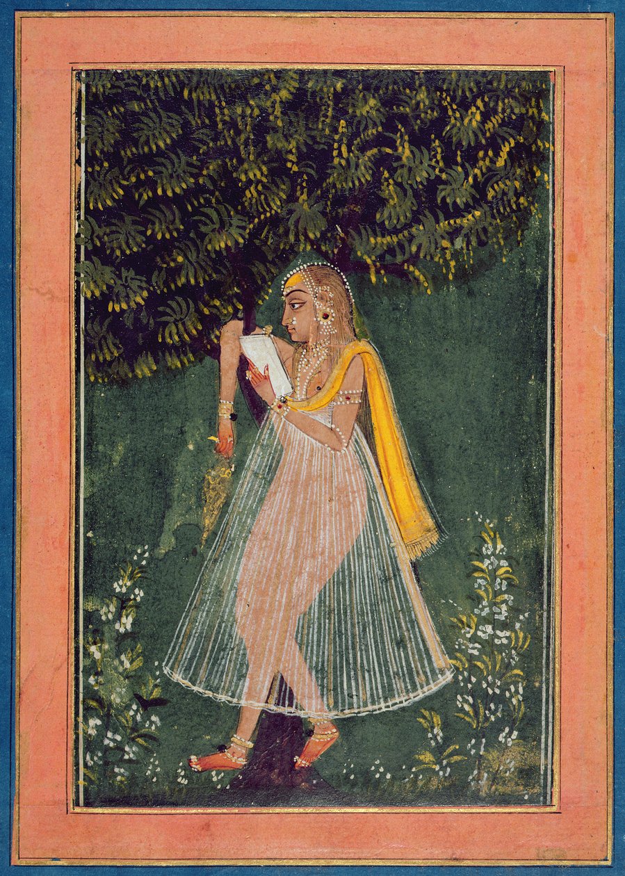 Hindoe dame leest een liefdesbrief onder een boom (gouache, inkt  goud op papier) door Indian School