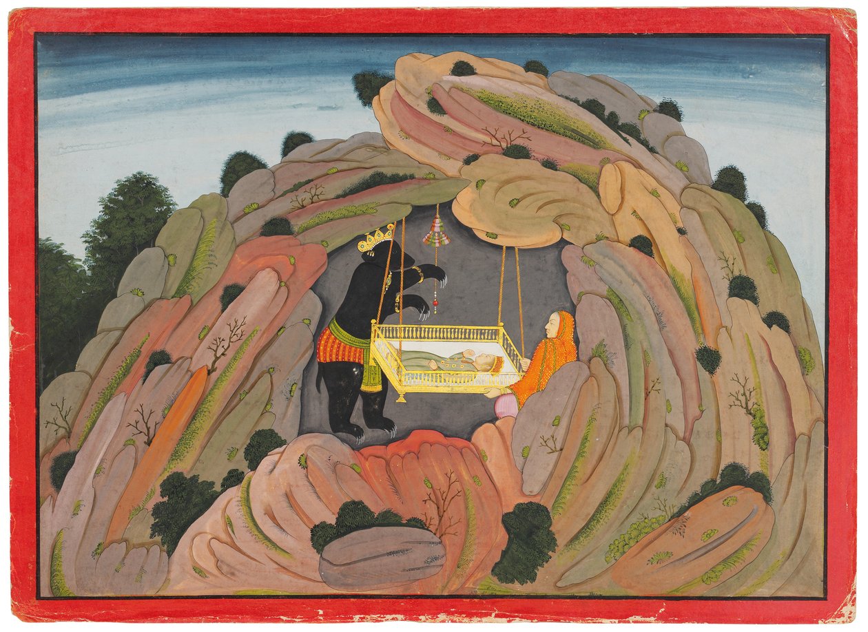 Illustratie bij de Bhagavata Purana: Jambavan geeft het Symantaka juweel aan zijn dochter om mee te spelen, c.1760-65 door Indian School