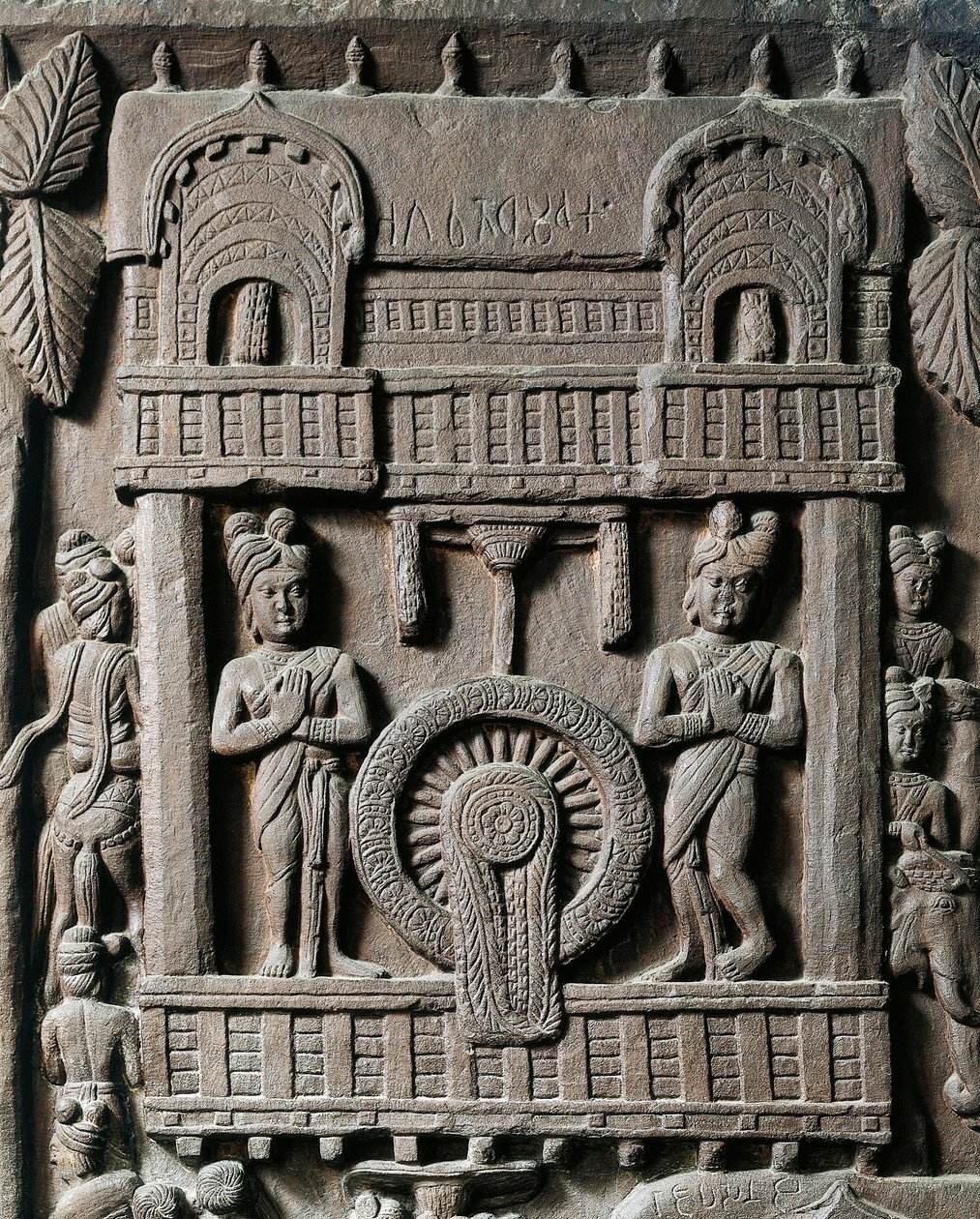 Indiase kunst, hindoeïsme: reliëf dat het laatste bezoek van koning Prasenjit II aan Gautama Boeddha (Boeddha) voorstelt. 2e eeuw voor Christus. Kolkata, Indian Museum door Indian School