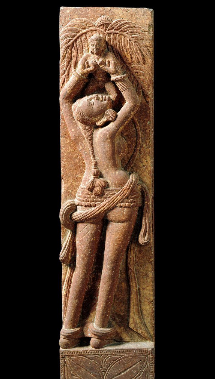 Indiase kunst: reliëfvoorstelling van een moeder en haar kind. Periode Kouchane 1e eeuw - New Delhi, nationaal museum door Indian School