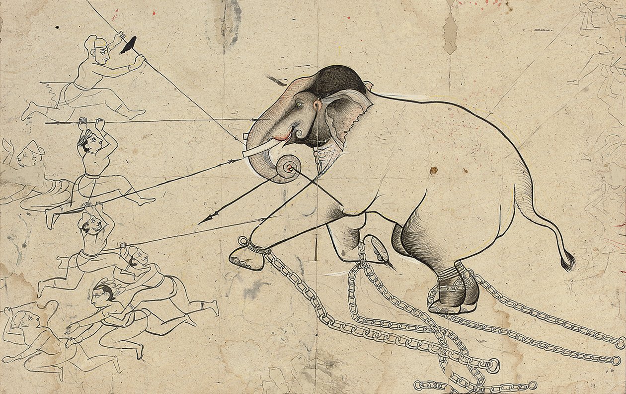 Isarda of kotah voorbereidende tekening van het temmen van een olifant, ca. 1720 door Indian School