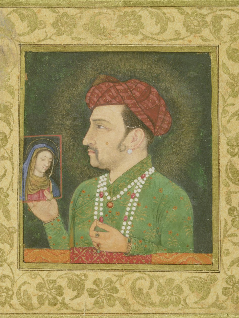 Jahangir met een afbeelding van de Madonna in zijn hand, met inscriptie in het Perzisch: Janhangir Shah, Mughal door Indian School