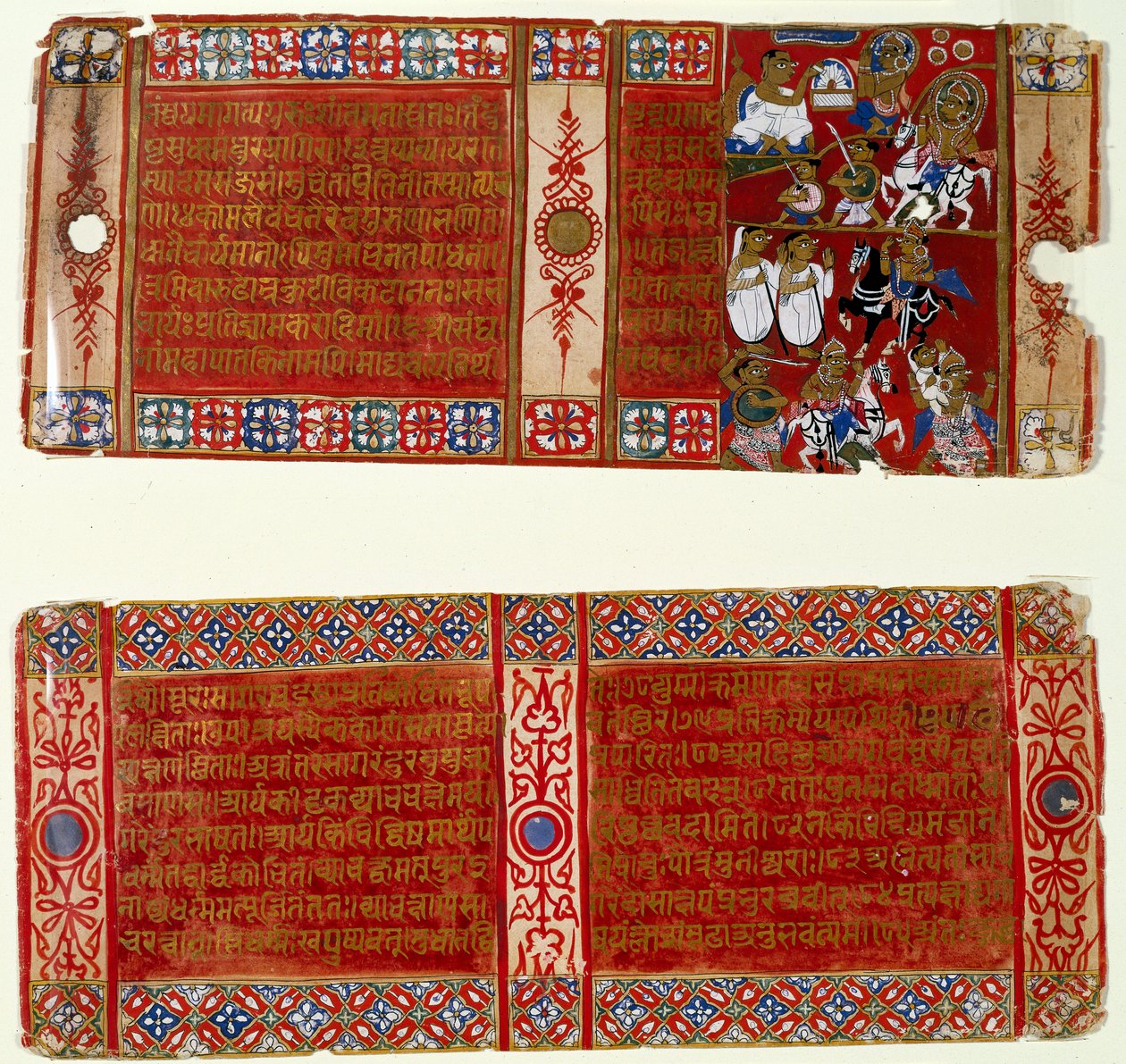 Kalaka wordt een Jain monnik; Kalaka ontvoert de non, twee bladeren uit een verspreid Jain manuscript van de Kalakacharya-katha, Uttar Pradesh, ca. 1465 door Indian School