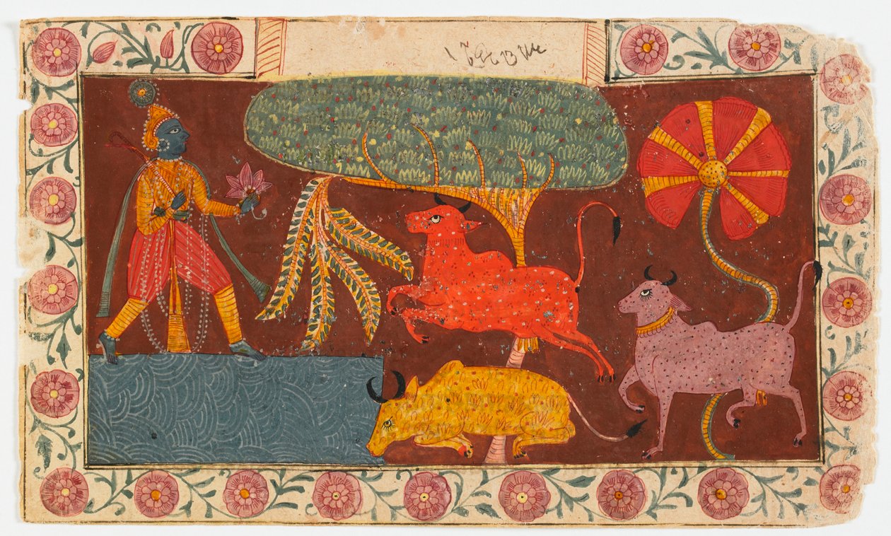 Krishna en koeien bij een vijver, uit een Bhagavata Purana door Indian School