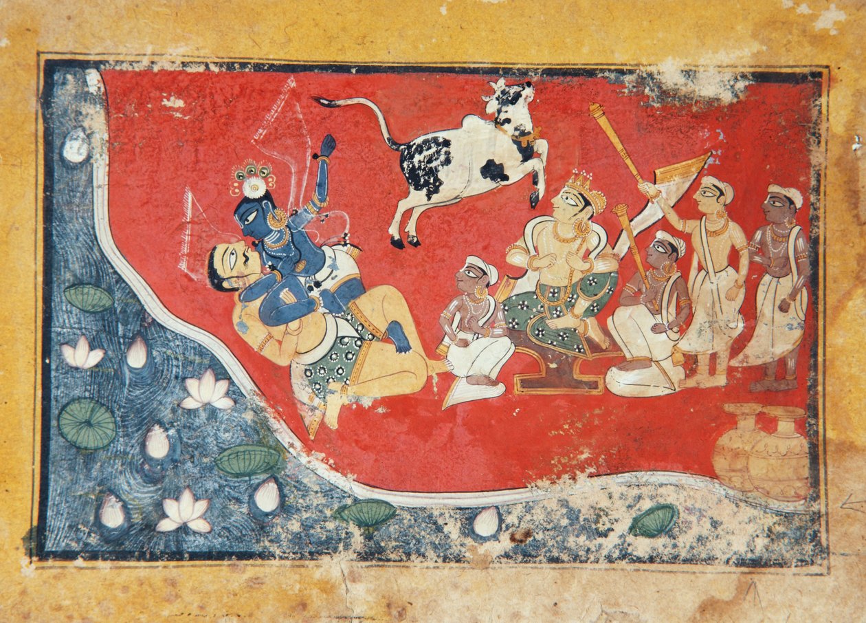 Krishna verslaat een demon naast een rivier, c.1560 door Indian School