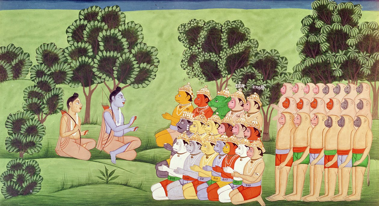 Lakshmana raadpleegt de hoofden van de apenlegers, uit de Ramayana door Indian School