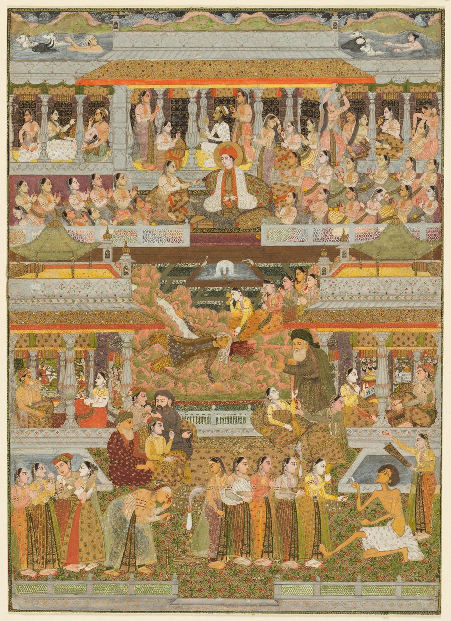 Liefhebbers en geliefden: Een compositie van scènes uit Perzische, Urdu en Sanskriet literatuur, ca. 1735 door Indian School