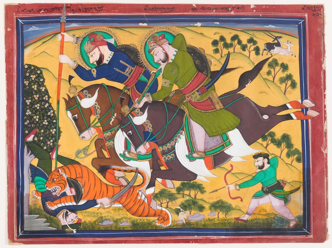 Maharaja Ram Singh jaagt op een tijger, tweede kwart van de 19e eeuw door Indian School