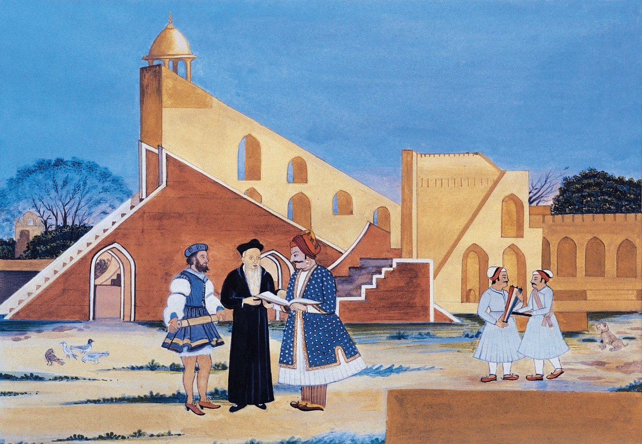 Maharaja Sawai Jai Singh II schilderij, Jantar Mantar, Jaipur, Rajasthan, India (aquarel op papier) door Indian School
