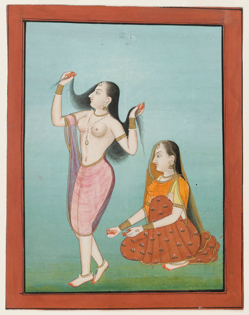 Miniatuurschilderij van een dame bij haar toilet door Indian School