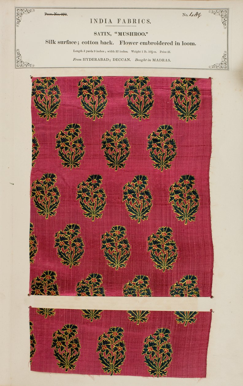 Mushroo satijnmonster uit Hyderabad in Deccan, uit De Collectie van de Textielfabrikanten van India, door John Forbes Watson, gepubliceerd in 1866 door Indian School