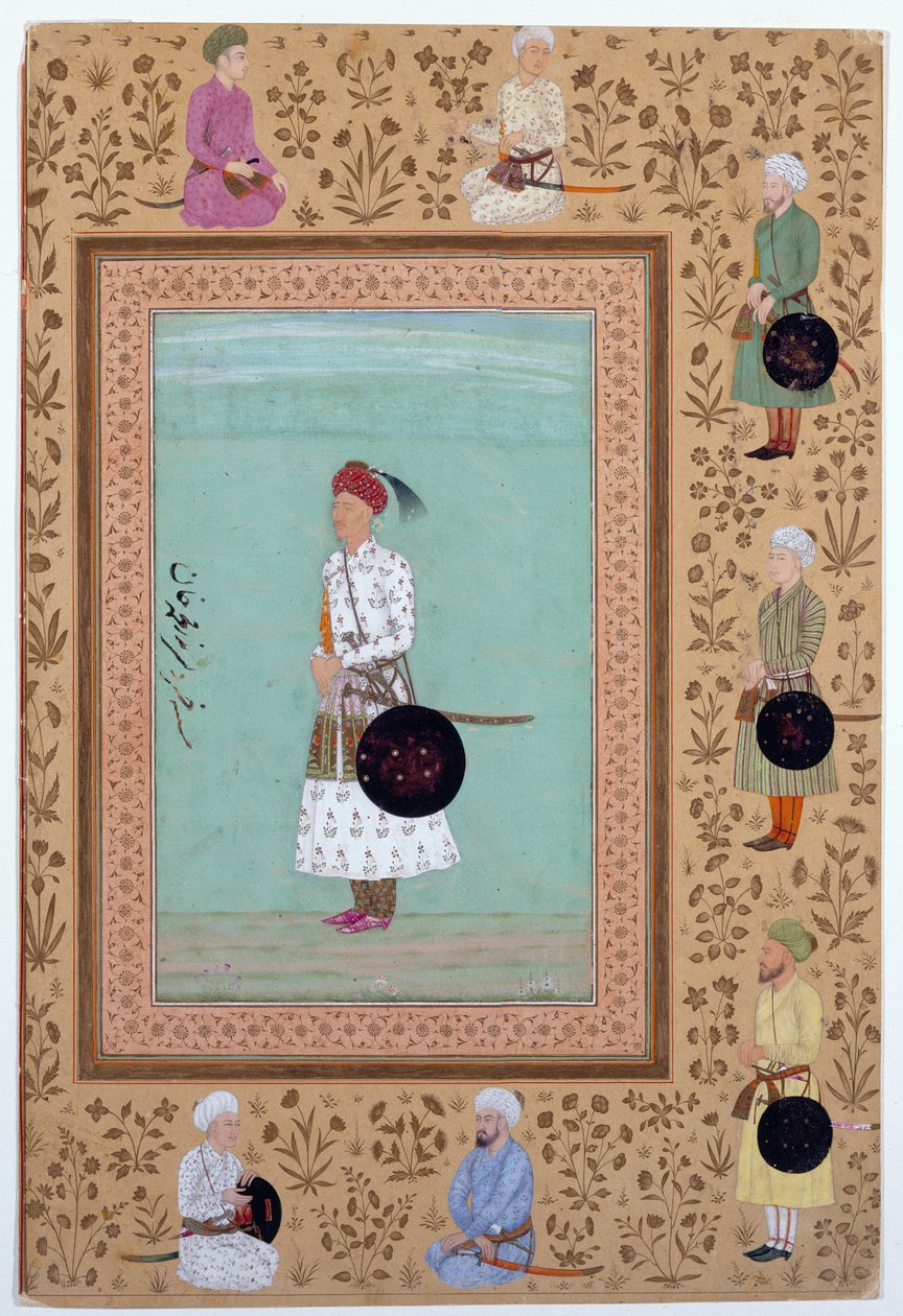 Portret van de hoveling Khosrow, zoon van Nasr Muhammad Khan, ca. 1650-60 (inkt, aquarel  goud op papier) door Indian School