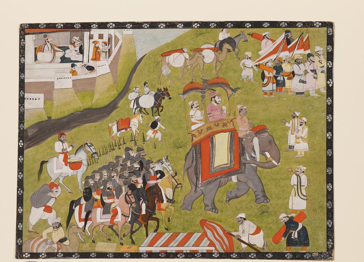 Processie van een Raja op een olifant met gewapende escorte en bedienden, 2e helft van de 19e eeuw door Indian School