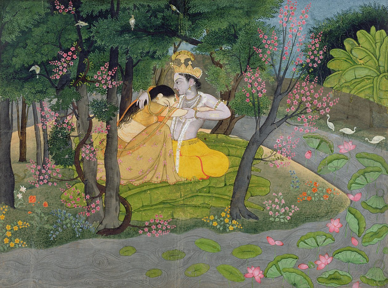 Radha en Krishna omarmen elkaar in een bos van bloeiende bomen, c.1780 door Indian School