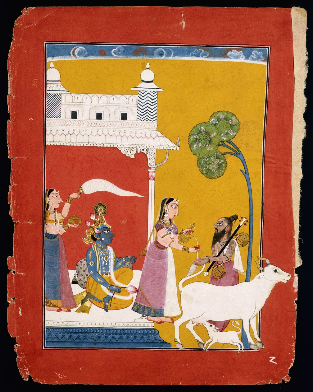 Rukmini biedt water aan de wijze Narada terwijl haar echtgenoot Krishna in haar huis zit, ca. 1725-1730 door Indian School