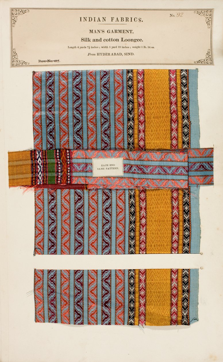 Zijde- en katoenen Loongee-monster uit Hyderabad in Sind, uit The Collection of the Textile Manufacturers of India, door John Forbes Watson, gepubliceerd in 1866 door Indian School