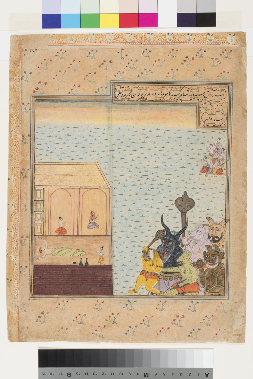 Zes demonen en negen goden naderen een huis waar een man slaapt, c.1625 door Indian School