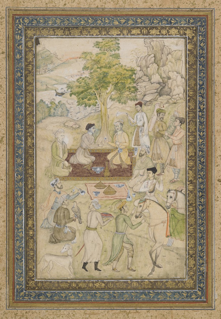 Sultan Murad en Sultan Daniyal op een picknick, los albumblad met schilderij, ca. 1900 door Indian School