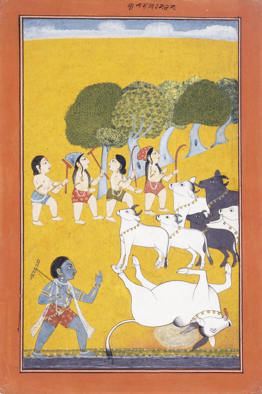 De jonge Krishna doodt de demon Vatsasura, die kwam in de gedaante van een kalf, ca. 1730-1740 door Indian School