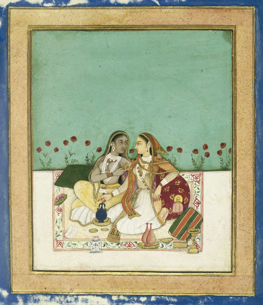 Twee vrouwen op een terras, na 1700 (dekkende wc en goud op papier) door Indian School