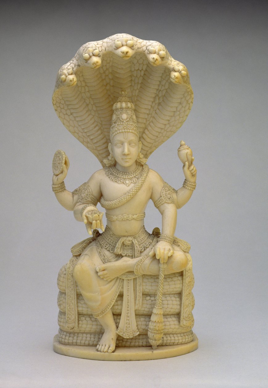 Vishnu, zittend op de Slang Sesha, met een schelp, knots, schijf en lotus door Indian School