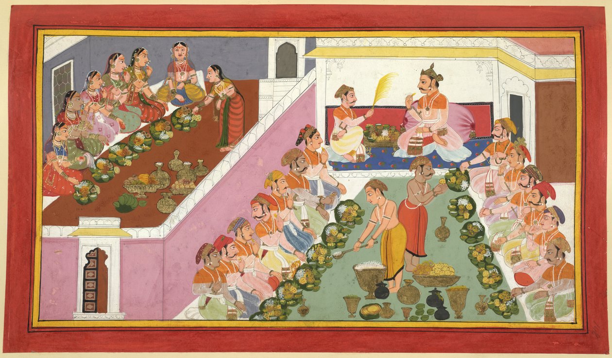Visvamitra, zijn gevolg en zijn leger genieten van een uitgebreid feestmaal in de kluizenarij door Indian School
