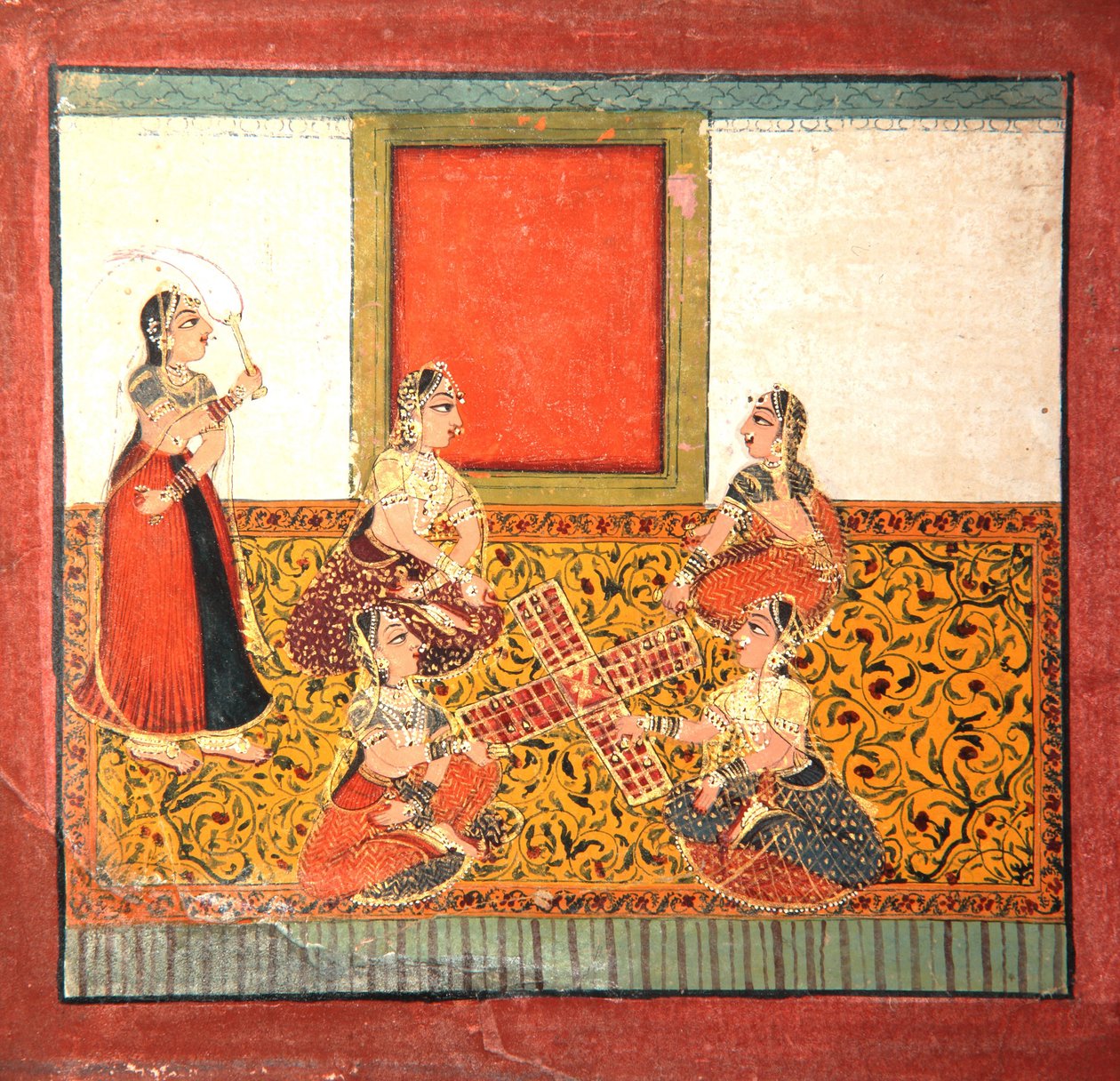 Vrouwen spelen Parcheesi, zittend op een geel patroonvloer, c.1725 door Indian School