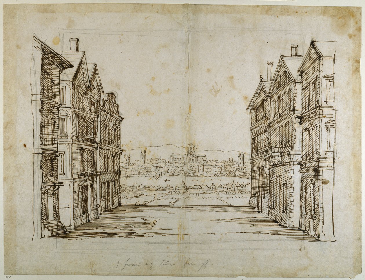 Engelse huizen met Londen en de Theems in de verte door Inigo Jones