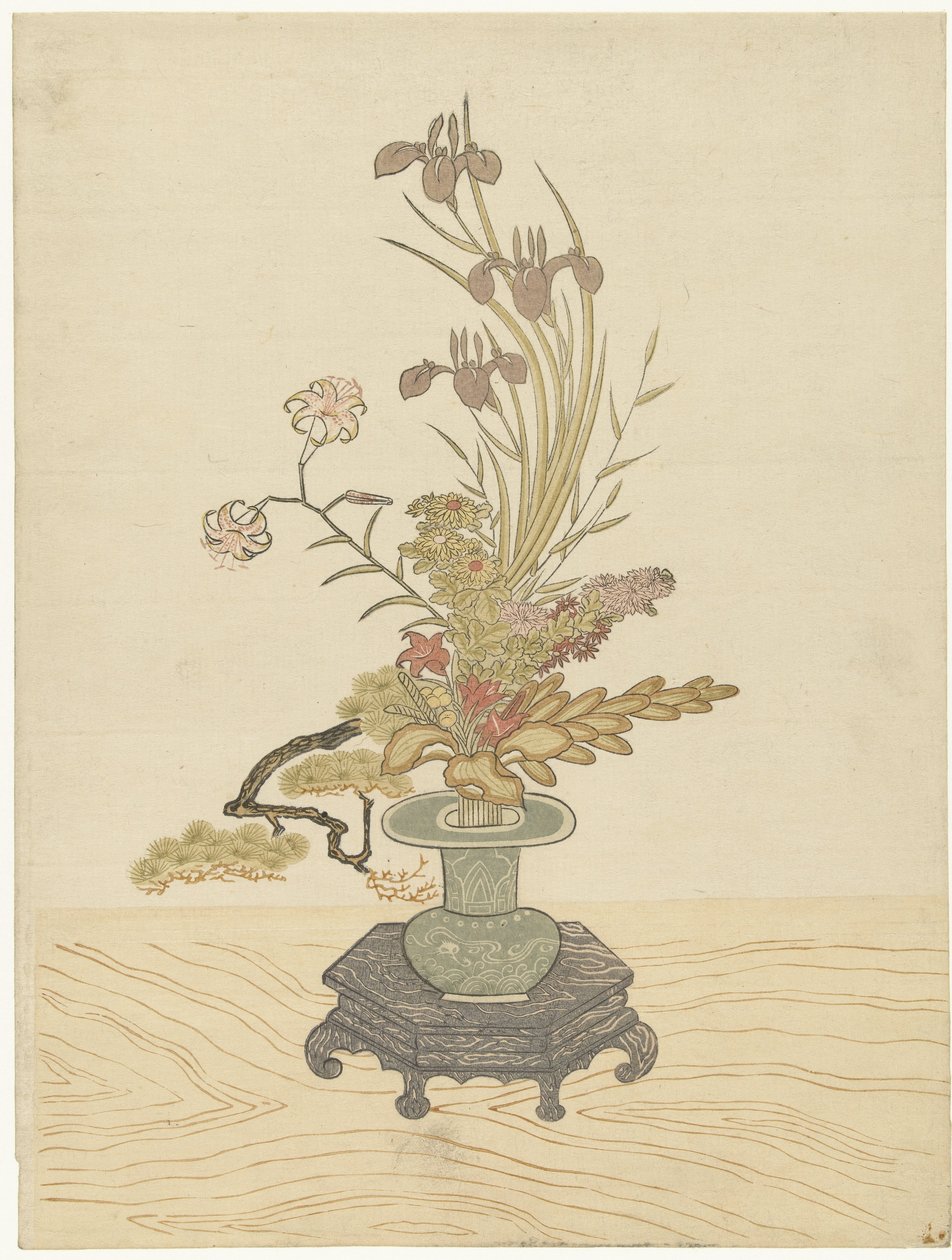 Ikebana bloemstuk in groene vaas door Ippitsusai Bunchô (manner of)