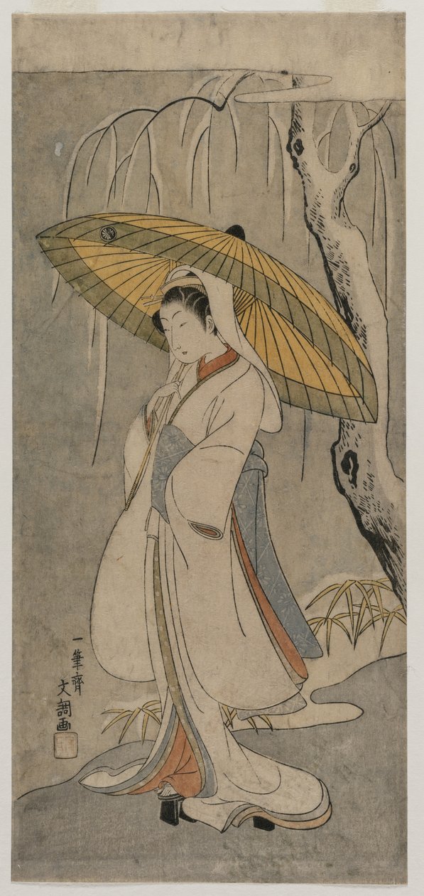 Segawa Kikunojo II als de Reigermaagd uit de serie Ichimura Theater, 1770 door Ippitsusai Bunchō