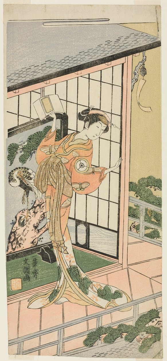 De acteur Iwai Hanshiro IV als Okaru in acte zeven van het toneelstuk Chushingura, uitgevoerd in het Morita Theater vanaf de derde dag van de vierde maand, 1769 door Ippitsusai Bunchō