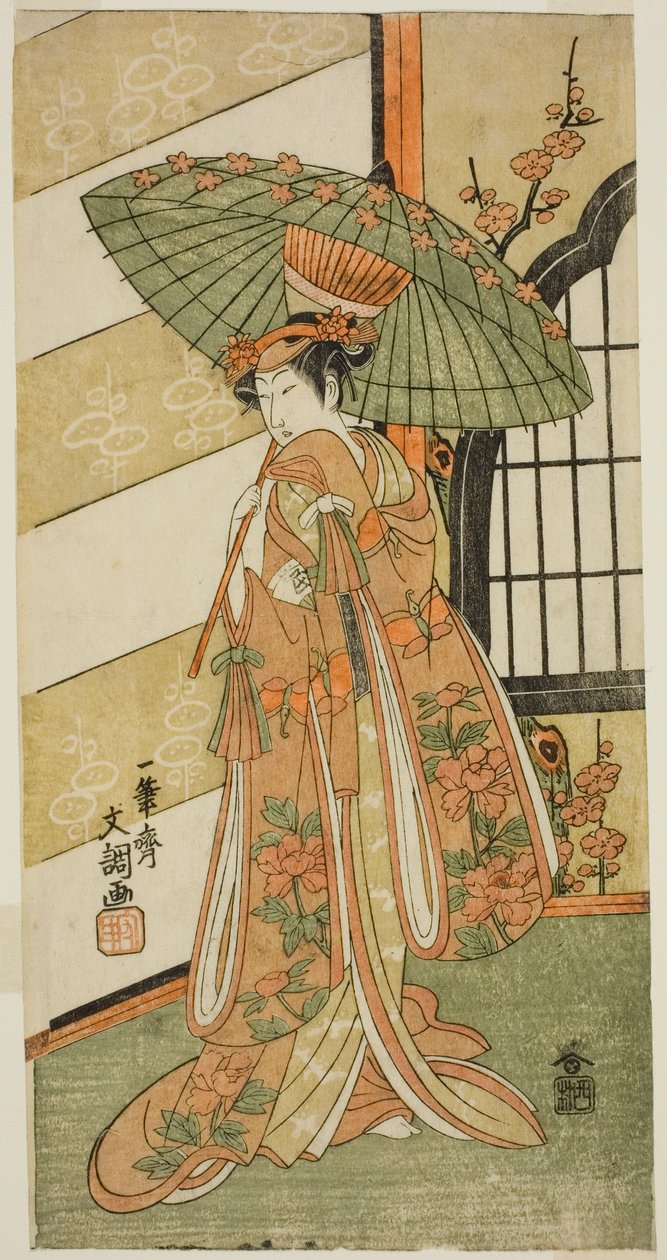 De acteur Onoe Tamizo I als Nishikigi in het stuk Mutsu no Hana Ume no Kaomise, uitgevoerd in het Ichimura Theater in de elfde maand, 1769 door Ippitsusai Bunchō