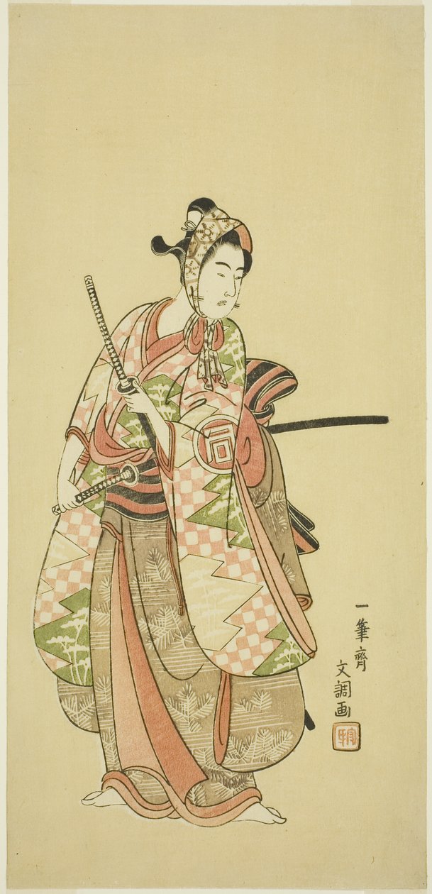 De acteur Sanogawa Ichimatsu II in het kostuum van een modieuze jongeman (Wakashu) door Ippitsusai Bunchō