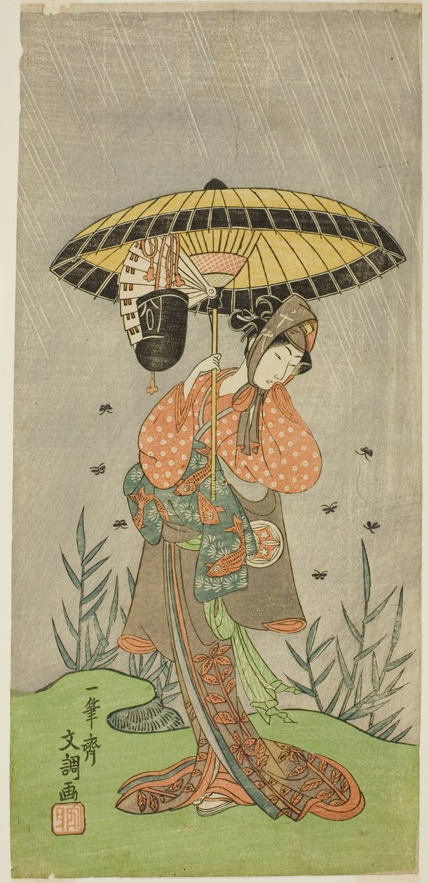 De acteur Yamashita Kinsaku II als Nijo no Kisaki (?) in het stuk Natsu Matsuri Naniwa Kagami (?), uitgevoerd in het Morita Theater (?) in de zevende maand, 1770 (?) door Ippitsusai Bunchō