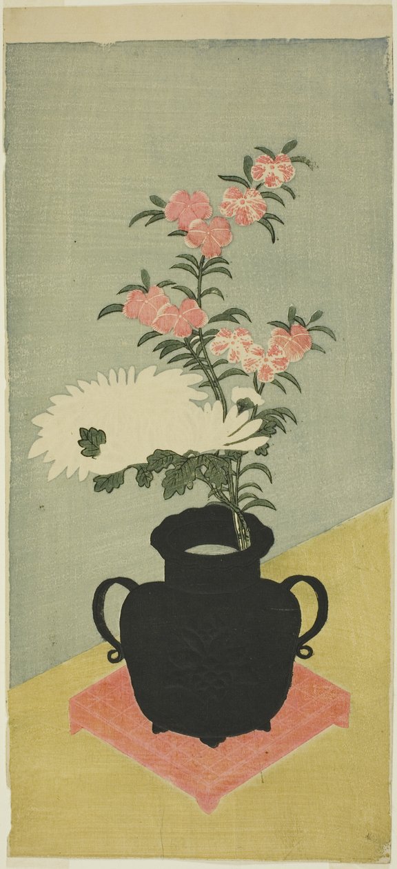 Witte chrysanten en anjers in een zwarte vaas door Ippitsusai Bunchō