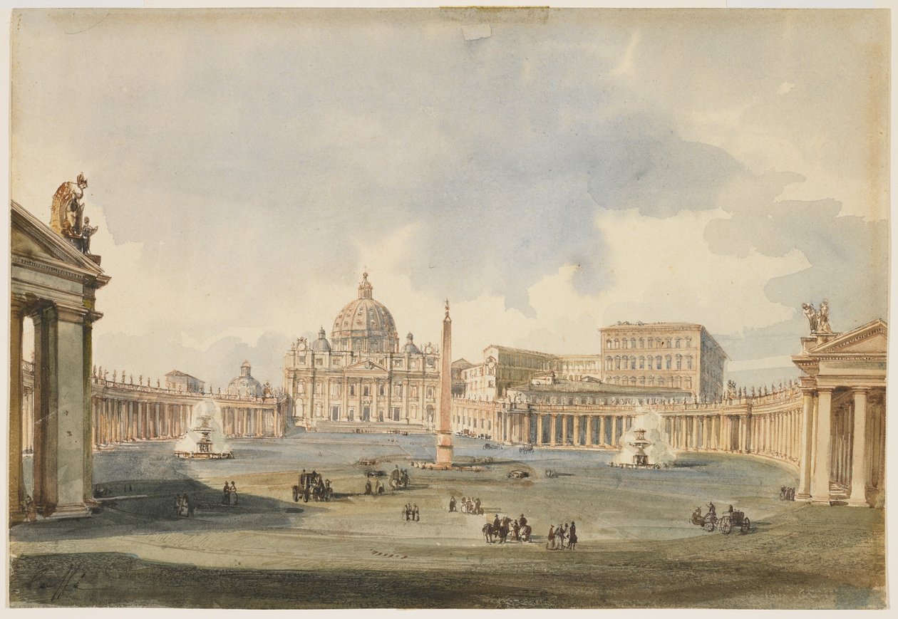Uitzicht op het Sint-Pietersplein en de basiliek in Rome door Ippolito Caffi