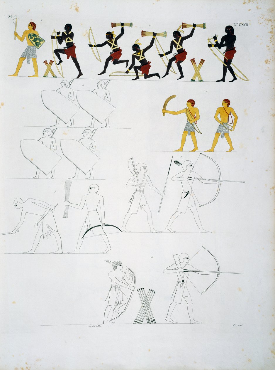 Militaire scènes, soldaten met bogen en pijlen, uit de graven van Beni Hasan, Plaat CXVIII, uit monumenten van Egypte en Nubië: civiele monumenten door Ippolito Rosellini