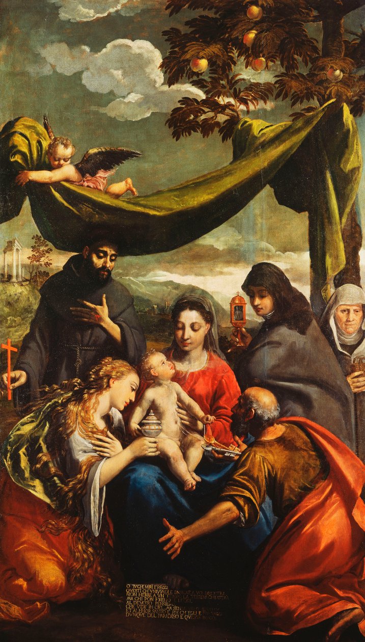 De Madonna en Kind met heiligen Maria Magdalena, Petrus, Clara en Franciscus en een portret van de abdis door Ippolito Scarsella