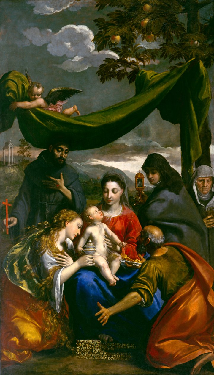 Maagd en Kind met Heiligen Maria Magdalena, Petrus, Clara, Franciscus en een Abdis, c.1600 door Ippolito Scarsella